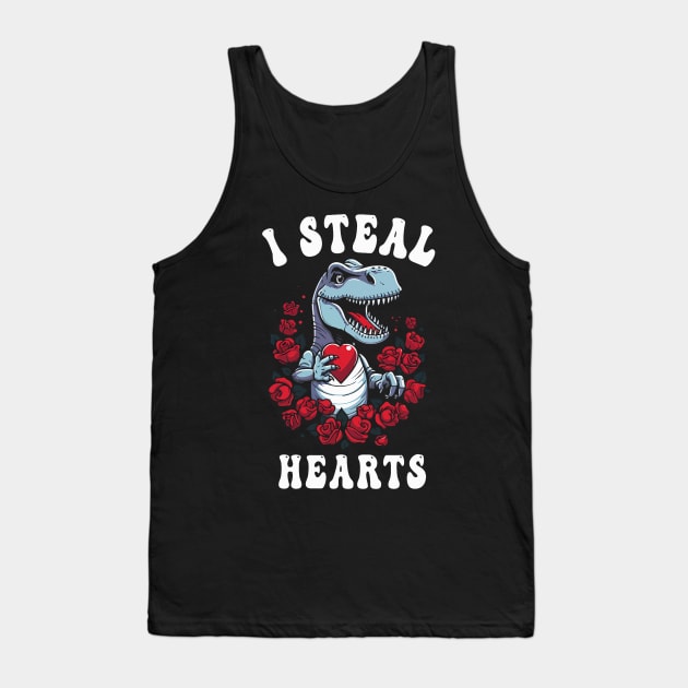 Boys Valentines Day Dinosaur I Steal Hearts Men Love T Rex Tank Top by Neldy